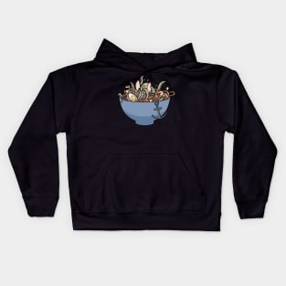 Tentacled Tug-of-War: Kraken Dragging a Ship in a Ramen Bowl Kids Hoodie